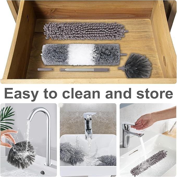 5Pcs Dusters for Cleaning, with Microfiber Duster, Ceiling Fan Brush, Cobweb Duster, 100in Stainless Steel Extension Pole, Bendable Extendable Duster for High Ceilings, Gap Dust Wet or Dry