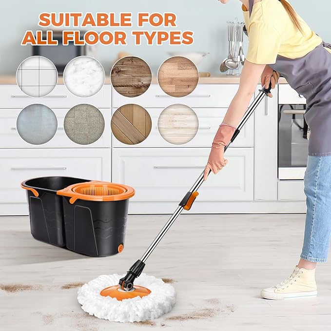 Spin Mop and Bucket with Wringer Set, Double Bucket Separate Dirty Water, 360° Spinning Mop System with 3 Microfiber Mop Heads, Clean Water Mop Set for Floor Cleaning