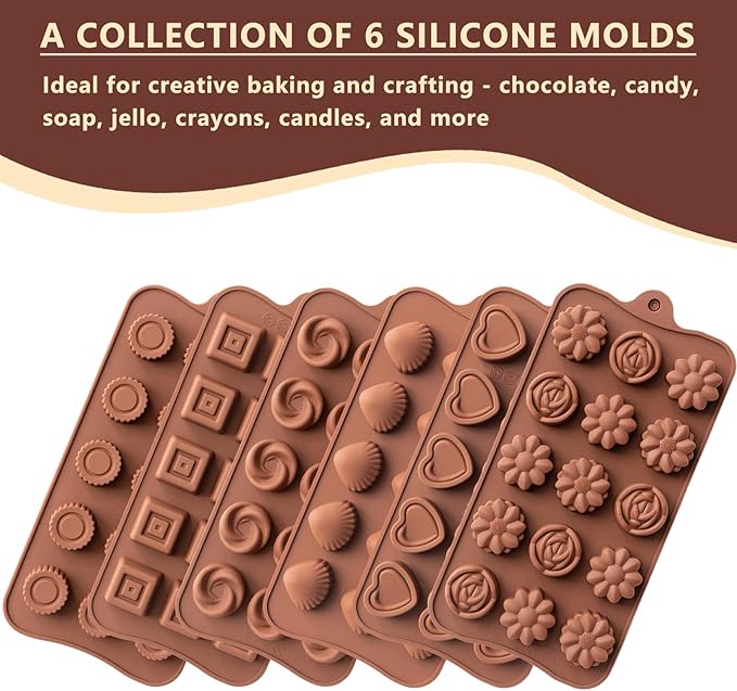 6 Pcs Silicone Chocolate Mold Set - Food-Grade Non-Stick Candy Molds Cookery Moulds for Chocolate, Candy, Jello, Soap & Crayon - Classic Shapes