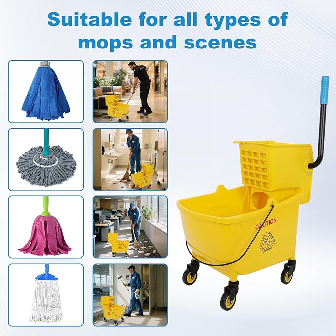 35 Qt Commercial Mop Bucket with Side Press Wringer on Wheels,Mop and Bucket Set, Add One Industrial Mop and One Mop Head Replacement