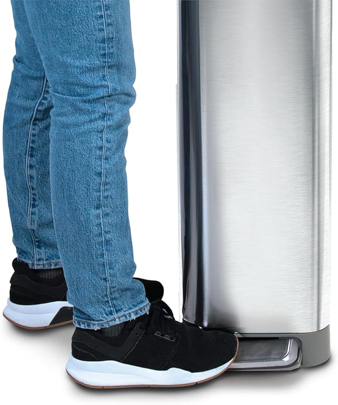 Glad Slim Trash Can with Clorox Odor Protection - Narrow Kitchen Garbage Bin with Soft Close Lid, Step On Foot Pedal and Waste Bag Roll Holder, All Stainless, 45 Liter