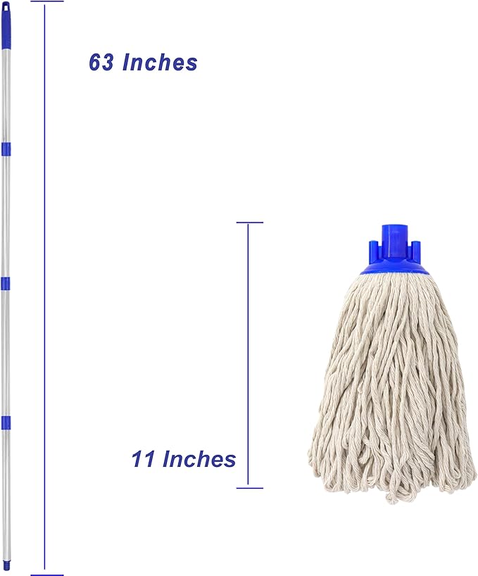 Cotton Cloth Mop, 4 Section Stainless Steel Pole + Two Cotton String Mop Heads White