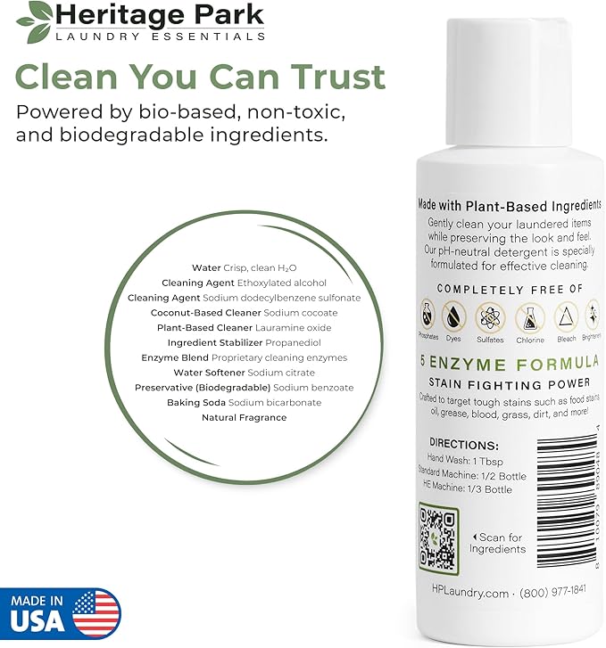 Heritage Park Luxury Laundry Detergent | Dermatologist Tested Plant based Natural & Enzyme Laundry Detergent | Sensitive Skin Friendly - Fragrance Free (4 fl oz Trial Size)