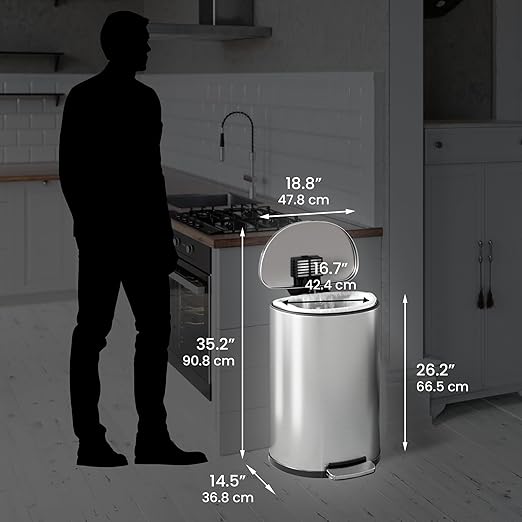 iTouchless SoftStep 13.2 Gallon Step Trash Can with Odor Filter, Stainless Steel 50 Liter Space-Saving Pedal Garbage Recycle Bin for Kitchen, Home, Office, Silent and Gentle Open, Semi-Round