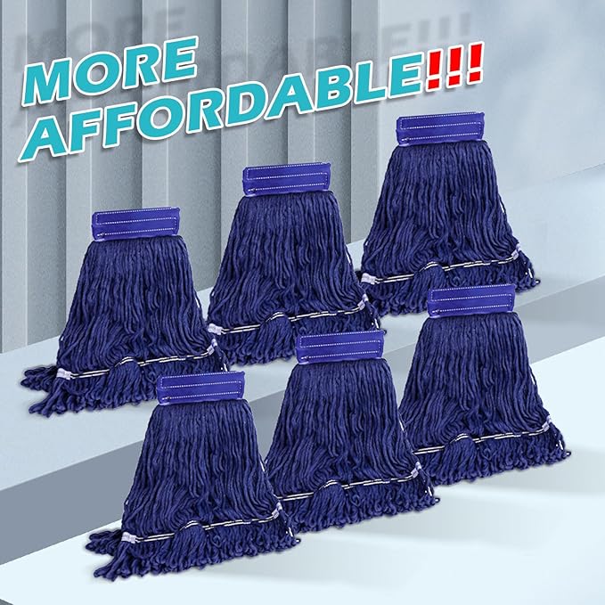 6 Pack Mop Head Replacement Heavy Duty Mop for Floor Cleaning, Wet Industrial Cotton Looped End String Cleaning Mop Head Refill for Home/Industrial/Commercial Cleaning (Blue)
