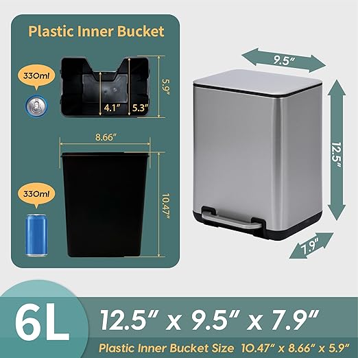 SunnyPoint 6 Liter(1.58 Gallon) Small Trash Can with Plastic Inner Buckets; Rectangle Bathroom, Office, Kitchen, and Bedroom Step On and Slow Close (S.N)
