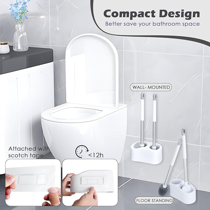 Toilet Brush and Holder Set, 1 Toilet Bowl Brush and 1 Scrub Brush, with Detachable Extra Long Handle,Durable Nylon Bristles,Toilet Scrubber Brush for Bathroom RV Cleaning