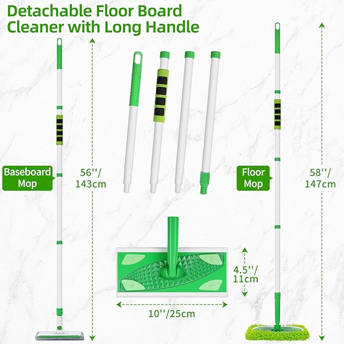 Baseboard Cleaner Tool with Handle, Extendable Long Handle Baseboard Cleaning Duster with Reusable Pads for Floorboard, Ceiling, Wall, Floor, Bathroom Kitchen (Green)