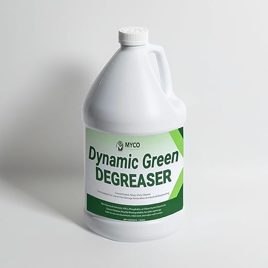 Myco Dynamic Green Degreaser 1 Gal – Biodegradable Heavy-Duty Cleaner & Concentrate, pH 12.4, VOC-Free, Makes 55 Gal, Commercial & Residential Multi-Surface Use: Kitchen, Equipment, Fire Restoration