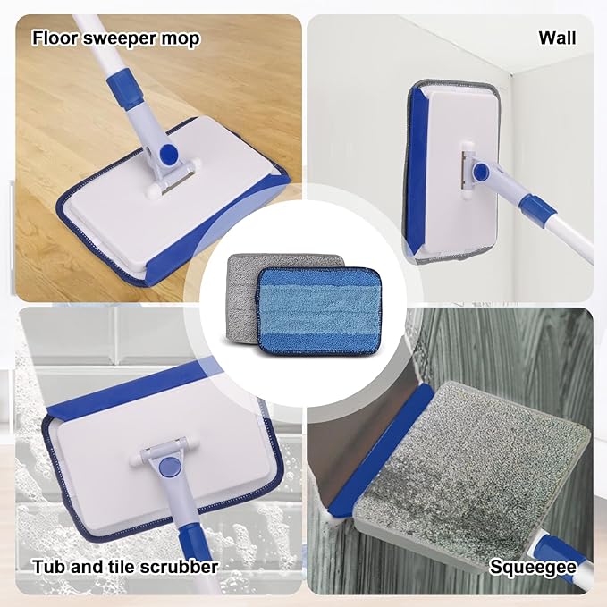 Qaestfy Baseboard Cleaner Tool with Handle, Wall Floor Mop with Extendable Long Handle Duster for Cleaning Window, Floor, Skirting Board, Ceiling, Shower, Tub Tile, Kitchen with 6 Reusable Pads