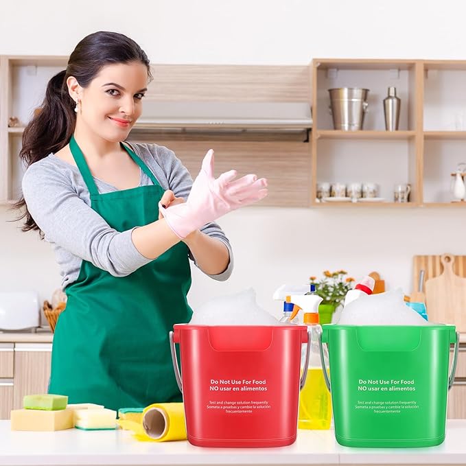 Yaomiao 4 Pcs Cleaning Bucket 3 Quart Small Sanitizing Square Bucket Detergent Pail with Measurements Spout and Handle for Home Commercial Use Restaurant Kitchen Office School (Red, Green)