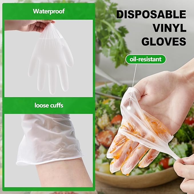 Disposable Vinyl Gloves, Food Safe, Latex-Free Powder-Free Clear Plastic Gloves for Cooking, House Clean, Food Prep