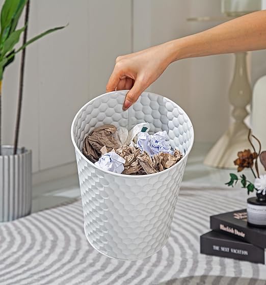 Small Metal Trash Can Wastebasket, Decorative Honeycomb Garbage Can Waste Basket, Modern Farmhouse Round Trash Bin for Bathroom, Bedroom, Kitchen and Office (White)