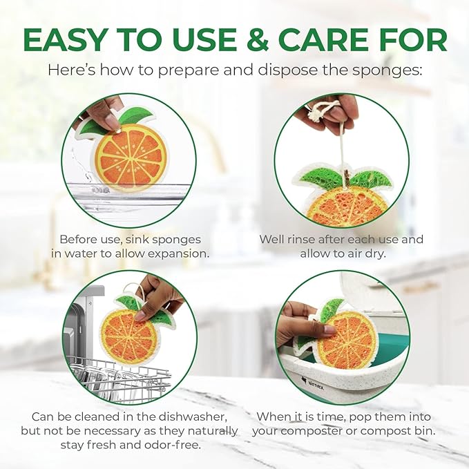 Biodegradable Cellulose Compressed Sponges Bulk - Fruit Shaped Kitchen Pack of 8 - Eco Friendly, Odor Free, Natural, Pop Up Compostable Scrubbers for Washing Dishes