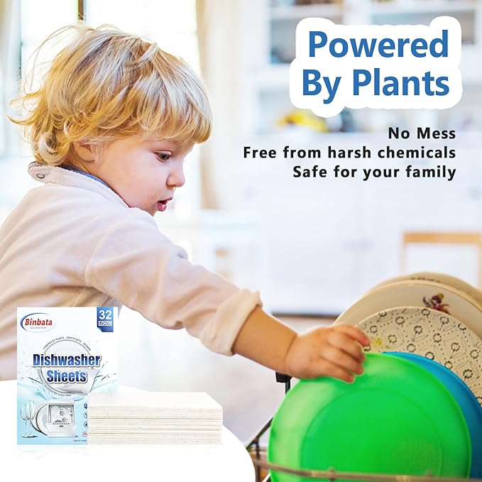 Upgraded Eco Dishwasher Detergent Sheets Up To 32 Loads, Unscented Plastic Free Dishwashing Soap Strips With High Efficient Solid Enzyme, Leaving Dishes Sparkling Clean