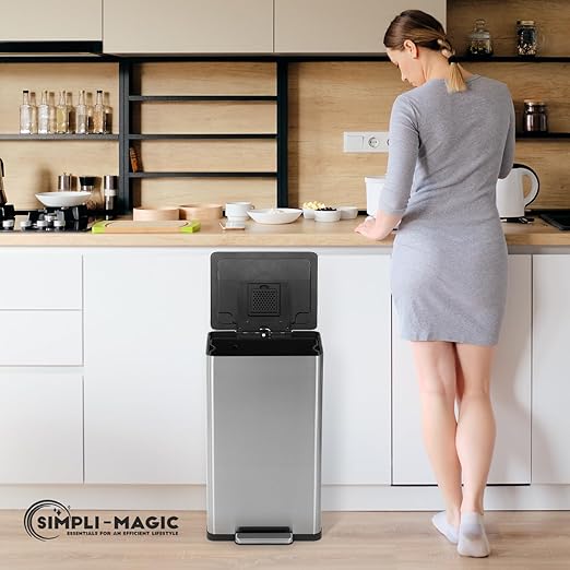 SIMPLI-MAGIC 50 Liter / 13.2 Gallon Soft-Close, Smudge Resistant Trash Can with Foot Pedal and Built in Filter- Stainless Steel, Sleek Finish