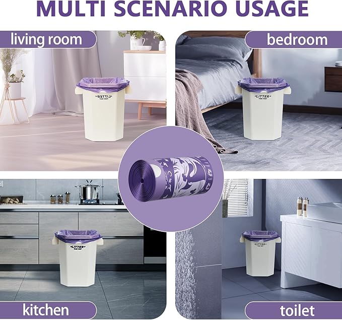 VOK 8 Gallon Trash Bags Drawstring, Medium Trash Bags for Office, Kitchen, Bedroom Trash Cans, Colored Portable Sturdy Garbage Bags 8 Gallon with Lavender Scent, 60 Counts