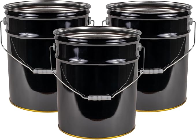 ATERET 5 Gallon Black Metal Bucket, Heavy Duty Durable Steel Open Head Pail with Handle for Outdoor and Household Use (3 Pack - Bucket Only)