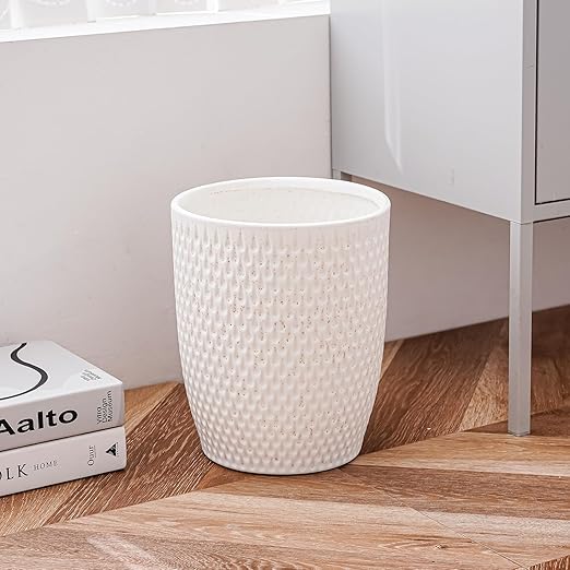 White Ceramic Trash Can - Small Trash Can Wastebasket for Bathroom, Kitchen, Office & Home Decor - Ceramic Round Garbage Container Basket Bin (2.5 Gallon)