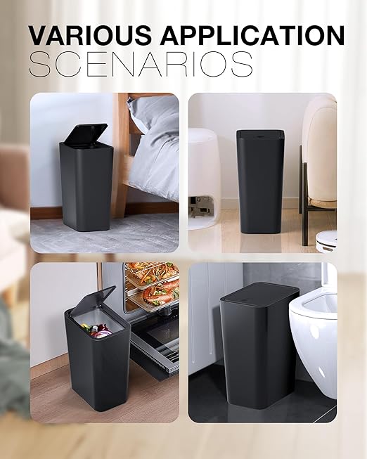 Bathroom Trash Can with Lid, 2 Pack 4 Gallons/15 Liters Garbage Can with Pop-Up Lid, Small Plastic Trash Can, Slim Trash Bin Waste Basket for Bathroom, Bedroom, Office, Living Room(Black)