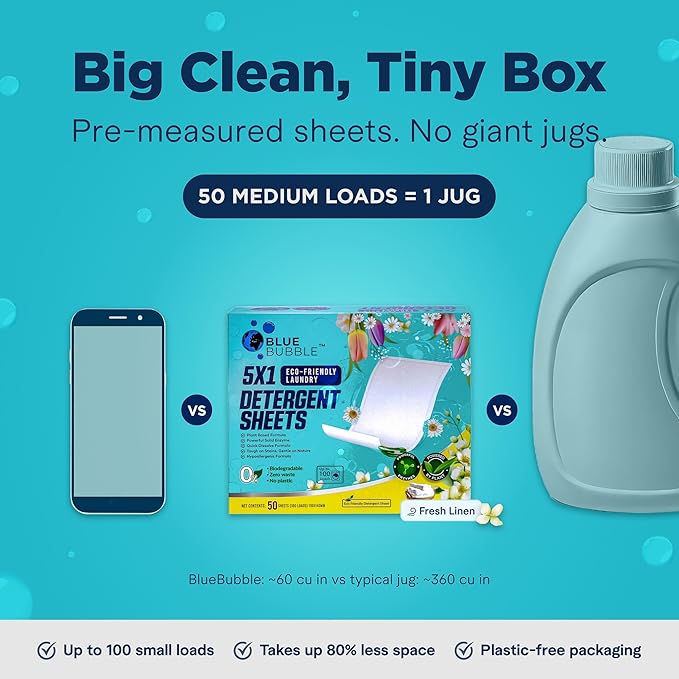 Laundry Detergent Sheets - Travel Laundry, Eco Friendly Detergent, Lightweight Dissolvable Washer Sheets for Fresh & Clean Clothes, Zero Waste Laundry Soap Sheet Up to 100 Loads By Blue Bubble