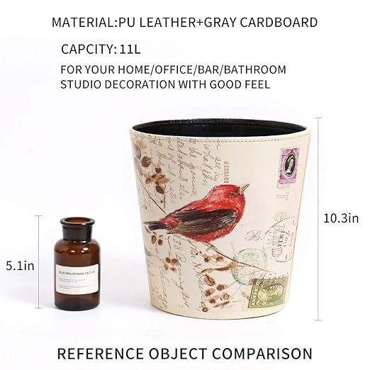 PU Leather Small Trash Can Wastebasket, Round Garbage Container Basket for Bathrooms, Laundry Room, Kitchens, Offices, Kids Rooms, Bedrooms,Dorms,Home Decorative Art Bin, 2.9 Gallon(Bird Design)