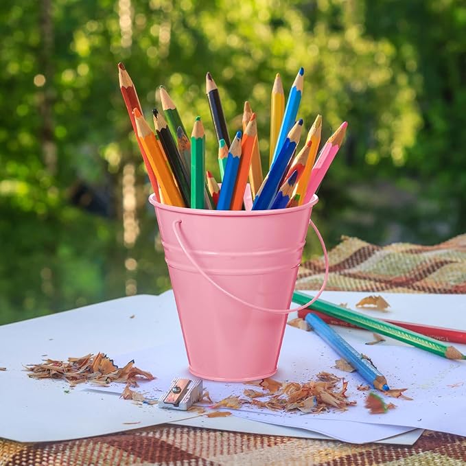 Sadnyy 12 Pack Metal Buckets with Handle, Galvanized Bucket 4.5 x 5 Inch Basket Bucket Party Supplies, Crafts for Christmas Halloween Candy Bars Vase Crafts(Pink)