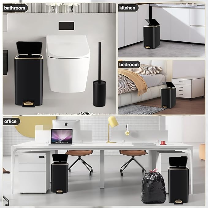 Small Bathroom Trash Can with Lid Soft Close, 1.8 Gallon Stainless Steel Garbage Can with Removable Inner Bucket,Black Toilet Brush,75Count Trash Bags, Slim Step Pedal Trash Bins