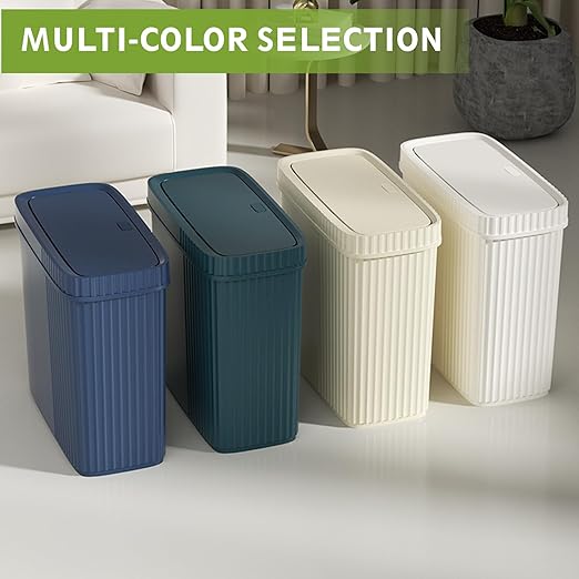 UUJOLY Small Bathroom Trash Can with Lid Slim Wastebasket Garbage Can Plastic Container Basket Trash Bin for Kitchen, Laundry Room, Office, Kids Room, Dorm, Navy Blue, 2.4 Gallon, 2 Pack