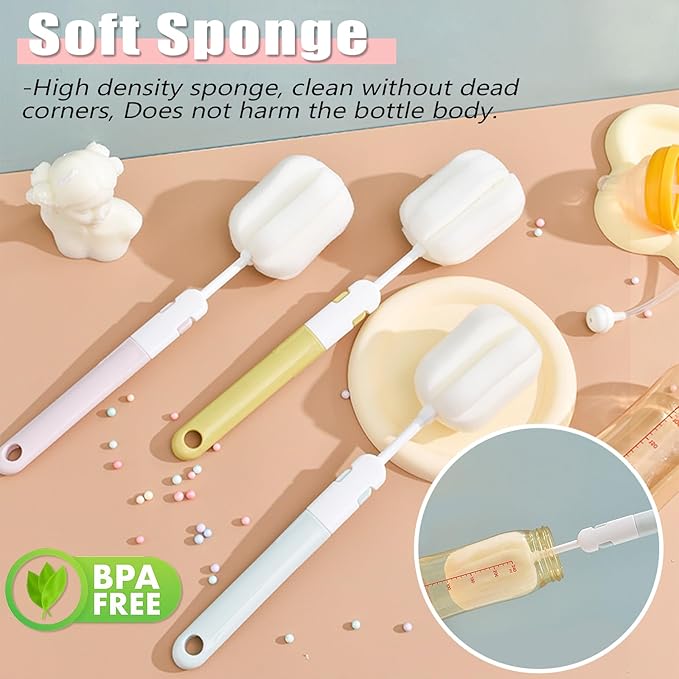 INVODA Sponge Nipple Bottle 5 PCS + Replaceable Brush Heads 5 PCS Baby Bottle Brushes Long Handle Cup Scrubber Brush Portable Sponge Cleaning Brush (5 PCS+ 5 Brush Heads)