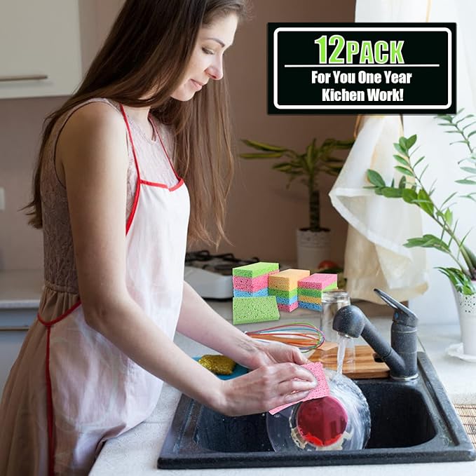 Compressed Cellulose Kitchen Sponges 12Pack,Non-Scratch Biodegradable Natural Colorful Sponge Scrub for Dishes Cleaning,Funny DIY Sponge for Kids
