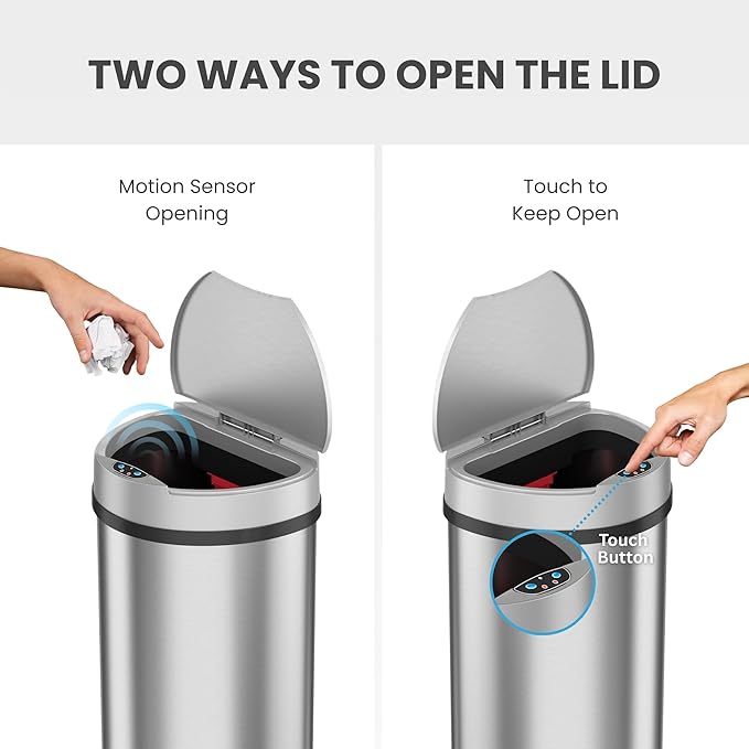 iTouchless 50 Liter / 13 Gallon Kitchen Trash Can with Lid & Odor Filter – Motion Sensor Semi-Round Stainless Steel Garbage Bin for Home, Office, or Garage – Slim, Wide Opening Large Capacity Design