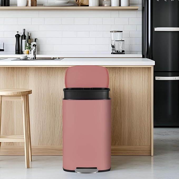 13.2+1.3 Gallon Trash Can Combo Set, Stainless Steel Garbage Bin with Pedal, Removable Inner Waste Bucket, Anti-Fingerprint, Soft-Close Locking Lid Dustbin for Kitchen, Bathroom, Office