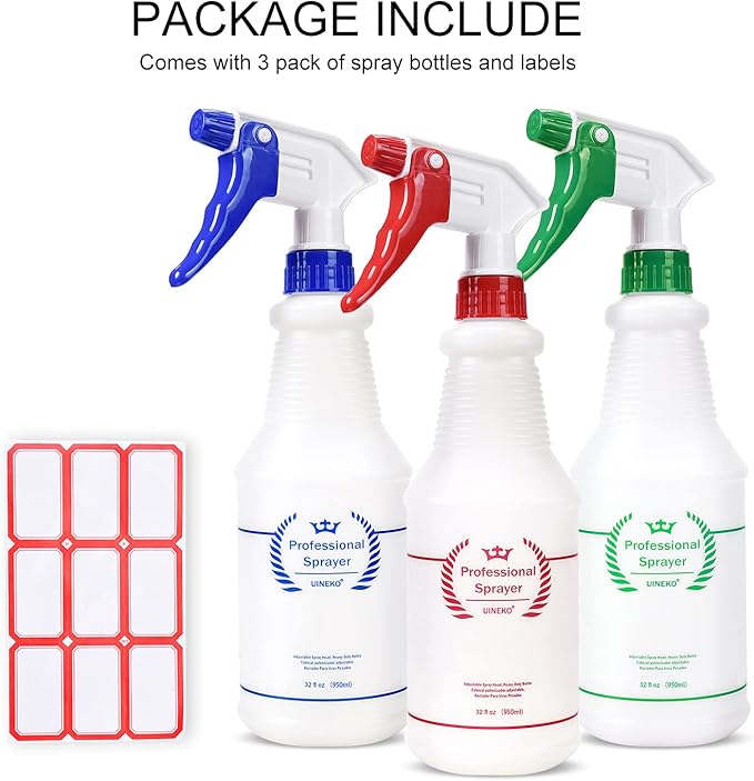 Plastic Spray Bottle (3 Pack, 32 Oz, 3 Colors) Heavy Duty All-Purpose Empty Spraying Bottles Leak Proof Commercial Mist Water Bottle for Cleaning Solutions Plants Pet with Adjustable Nozzle