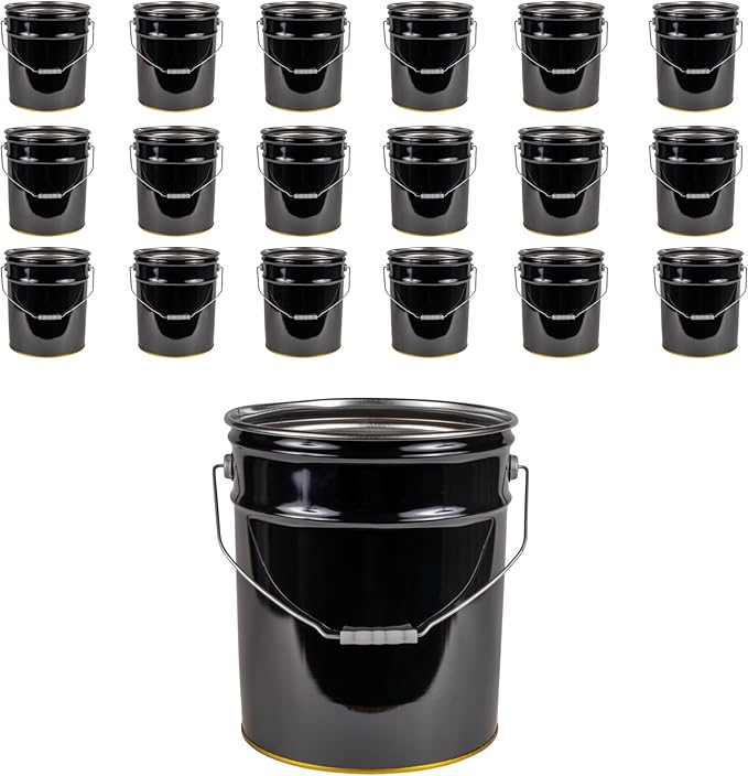 ATERET 5 Gallon Black Metal Bucket, Heavy Duty Durable Steel Open Head Pail with Handle for Outdoor and Household Use (18 Pack - Bucket Only)