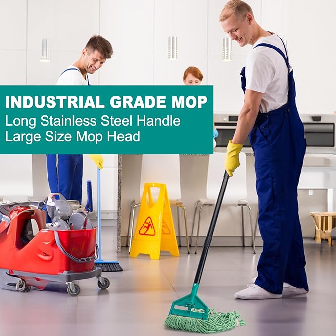 KeFanta 60 Inch Loop-End String Mop Heavy Duty Commercial Mops for Floor Cleaning,Industrial Cotton Wet Mop with Extra Mops Head Replacement(Green)