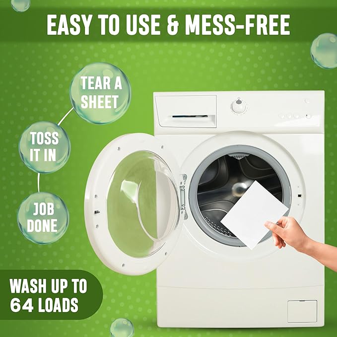 Nature’s Suds Eco-Friendly Laundry Detergent Sheets (64 Loads), Hypoallergenic & Ultra-Concentrated Clothes Washing Sheets, Plastic-Free, Fresh Linen Scent, Travel-Size Laundry Detergent