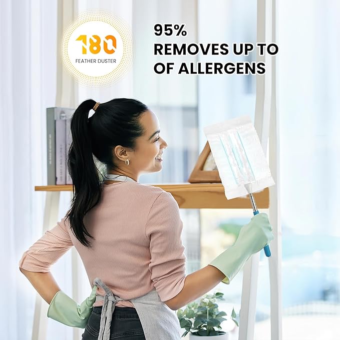 60 Count Disposable Dusters Refill for Cleaning, 180 Degree Heavy Duty Duster Replacement Head for Swiffer, Dusting Furniture, Blinds, Ceiling Fans, Helps Remove Allergens