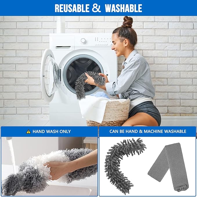 Microfiber Feather Duster 5-in-1 Kit for Dusting and Cleaning – 30–100" Extension Pole, Anti-Slip Grip, Bendable Washable Heads for Ceiling Fan, Furniture, Car (Blue)