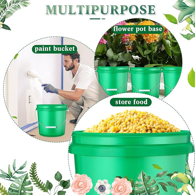 6 Pack 2 Gallon Plastic Bucket with Lid Heavy Duty Pail with Metal Handle Reusable Small Multipurpose Paint Buckets Container for Food Storage(Green)