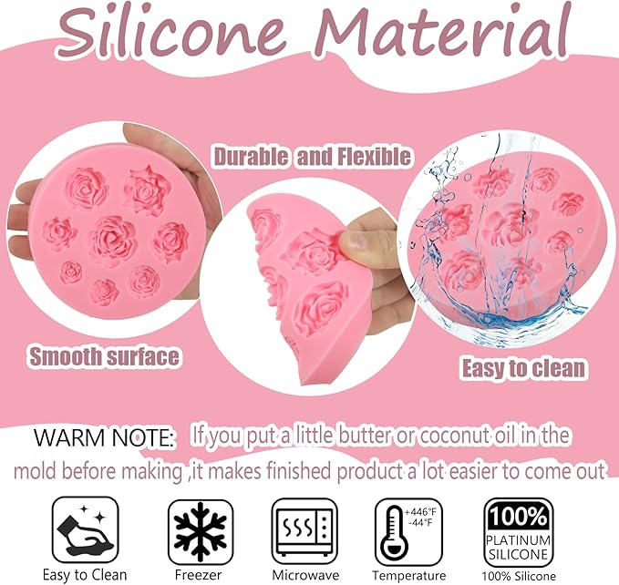 5 Pcs Rose Silicone Molds, Mini Flower Cake Decoration Fondant Mold, Kitchen Baking Supplies, Suitable for Cupcake Toppers Flower Paste Dough Keychain Resin Decoration Clay Modeling