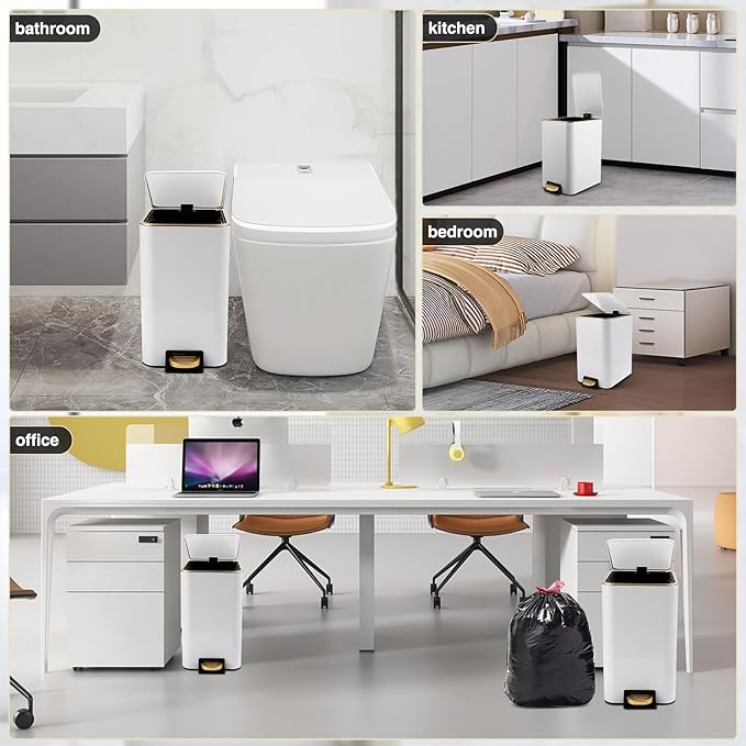 Small Bathroom Trash Can with Lid Soft Close, 1.8 Gallon Stainless Steel Garbage Can with Removable Inner Bucket,75Count Trash Bags, Slim Step Pedal Trash Bins