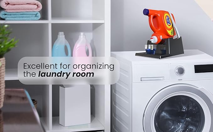 TidyFriend Liquid Laundry Detergent Holder Stand with Drip Tray & Rubber-Grip Feet, Stand for Laundry Room Organization and Storage, Fabric Softener Dispenser with Cup Holder for Easy Pouring (Black)