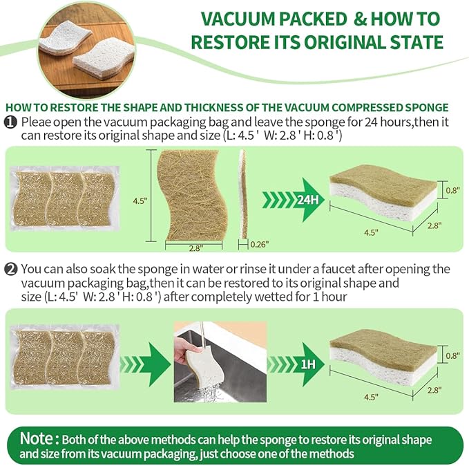 Sponges Kitchen Natural Dish Sponge Plant-Based Biodegradable Compostable Cellulose with Coconut Scrubber Sponge Non Scratch Pack of 12 Eco Friendly Kitchen sponges for Kitchen Dishes