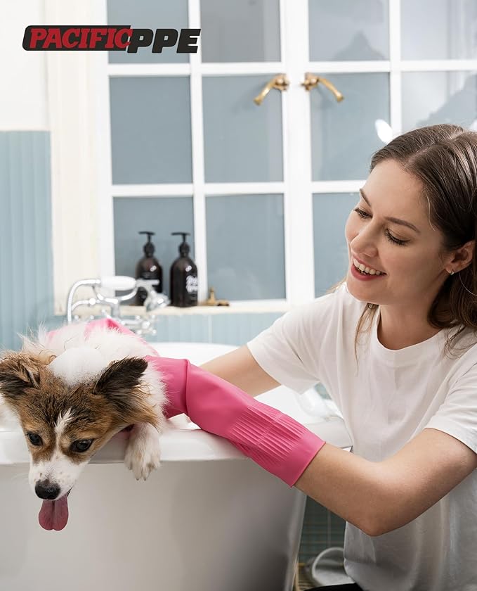 PACIFIC 2 Pairs Reusable Rubber Gloves for Washing Dishes and Cleaning Tasks, Water Resistant Household Gloves for Kitchen Bathroom, Grippy Latex Dish Washing, Pink, Meidum