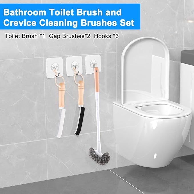 Curved Toilet Bowl Brush and Crevice Cleaning Brushes Set, Bathroom Cleaning Scrub Brush with Long Handle, Toilet Scrubber Brush with Small Gap Brushes Kit for Household Deep Cleaning (3 PCS)