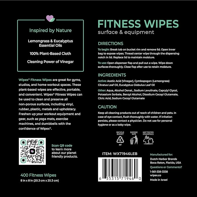Wipex Gym Cleaning Wipes Bundle - Get (1) 400ct Lemongrass Surface Wipes & (1) 225ct Body Cloths for After Workout, Plant-Based Fitness Equipment Wipes, Clean Surfaces & Mats and Peloton Bike