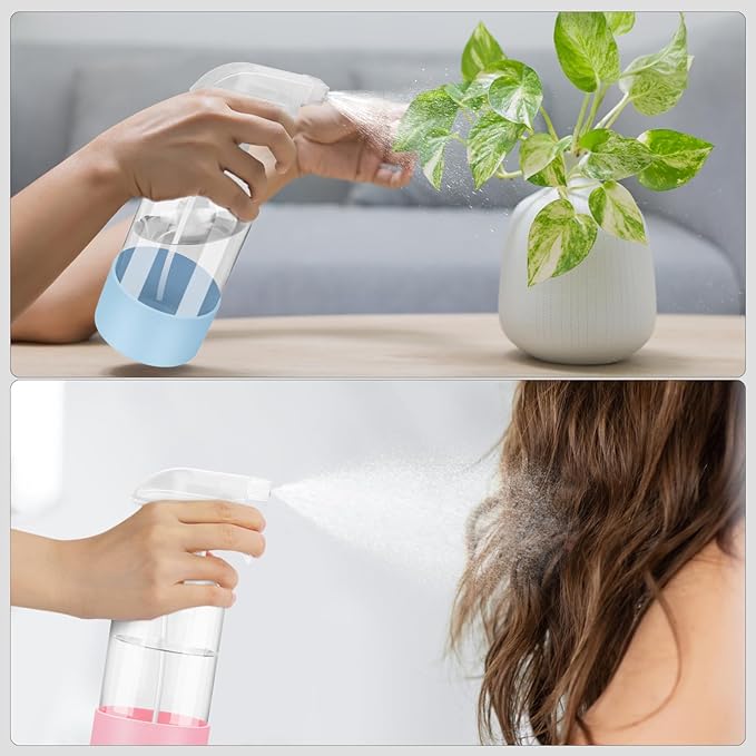 2 Pack Glass Spray Bottles with Silicone Sleeve, 16 oz Empty Refillable Containers with Adjustable Spray Nozzles, Spray Bottles for Hair, Cleaning Solutions and Plants Blue&Pink