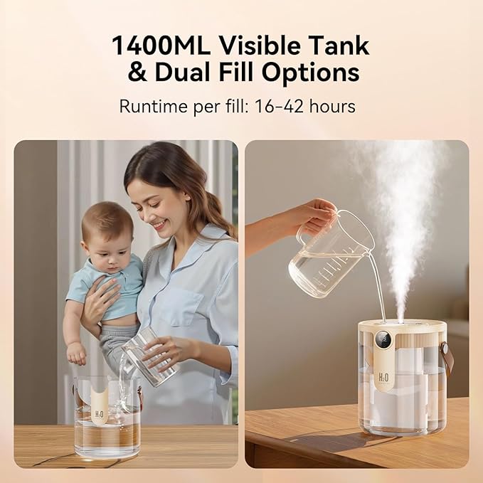 Smart Humidifiers for Bedroom, Rechargeable Top Fill Humidifier with Night Light, 1.4L Cool Mist Humidifier for Office Home Plant and Baby, 3-Speed Mist Control, Quiet, Auto Shut-Off (Beige)