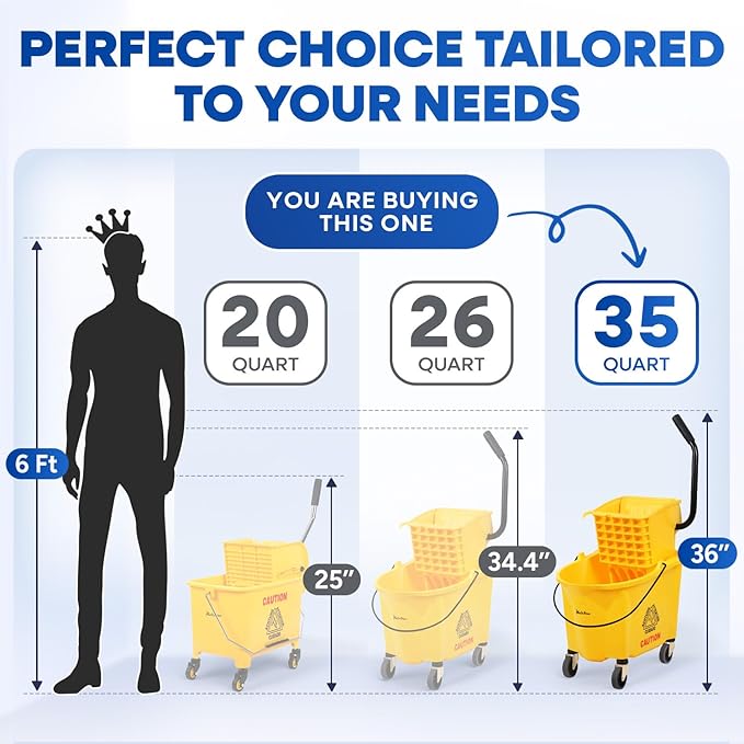 Commercial Mop Bucket with Wringer on Wheels, Heavy Duty Industrial Mop Bucket and Wringer, Side-Press Bucket with Wringer Set for Home Office Restaurant Business, 35-Quart - Yellow